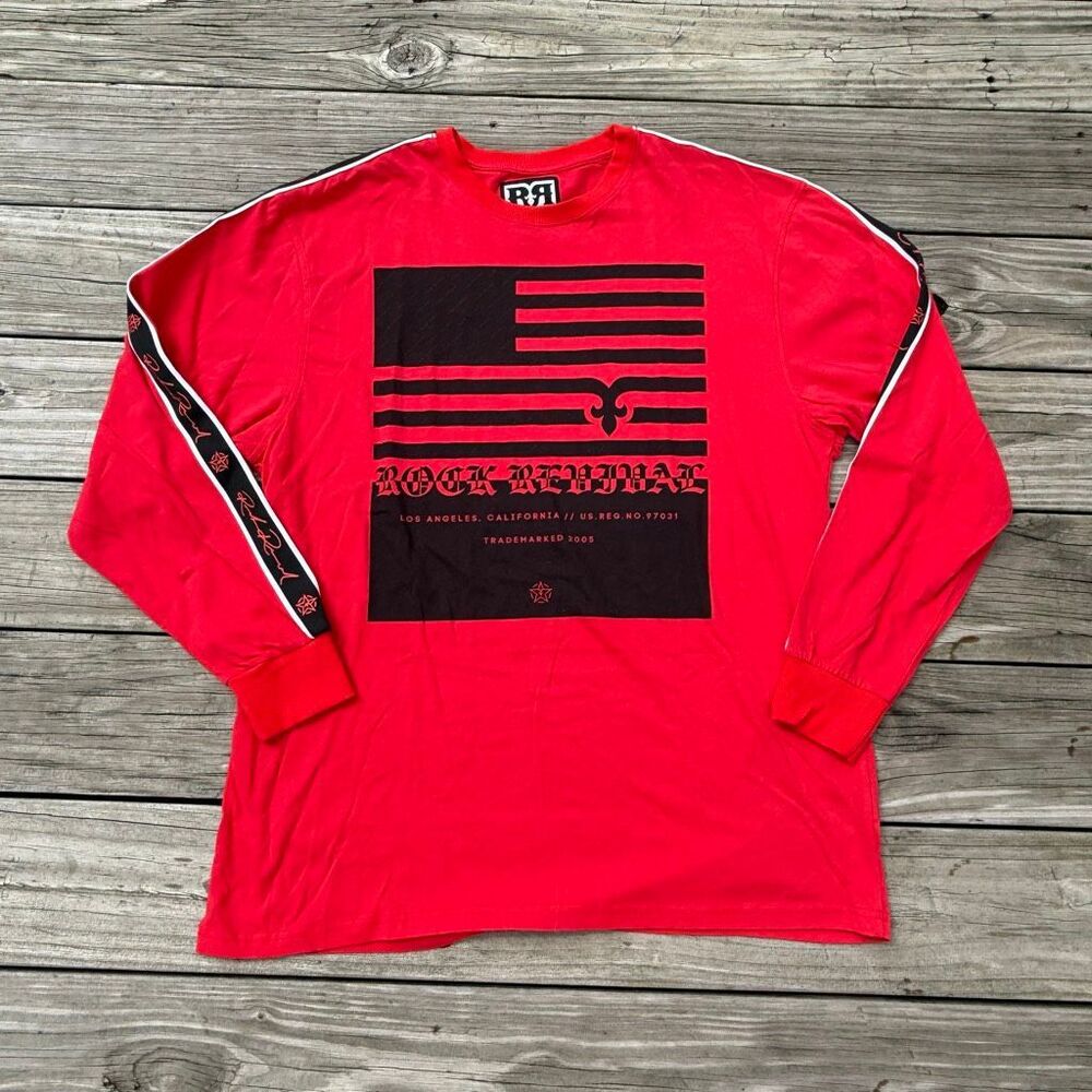 Rock Revival Men’s Red Black Flag Graphic Long Sleeve Shirt Size XL